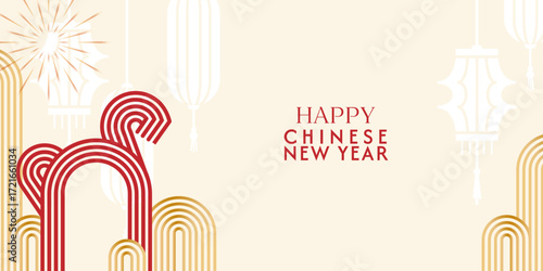 chinese new year 2026, year of the horse. vector abstract web banner with symbols fiery horse, asian lanterns, fireworks in modern illustration