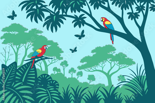 Vibrant Amazon rainforest scene with colorful parrots and fluttering butterflies creates a peaceful nature escape, perfect for conservation or educational projects