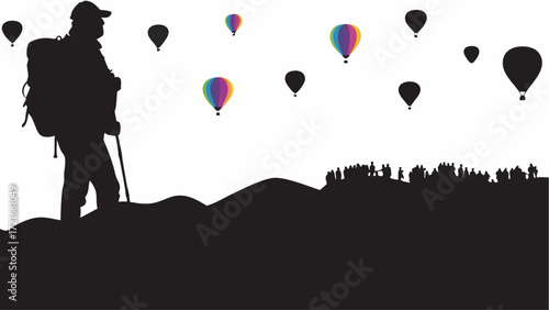 Silhouette of a hiker with backpack and walking stick watching hot air balloons over a crowd on a hill | editable eps vectors