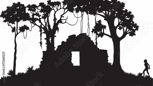 Silhouette of ancient ruins with doorway surrounded by jungle trees and a person walking nearby in black | editable eps vectors