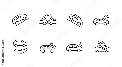 Car accident outline icons set – flat, vehicle crash and insurance symbols