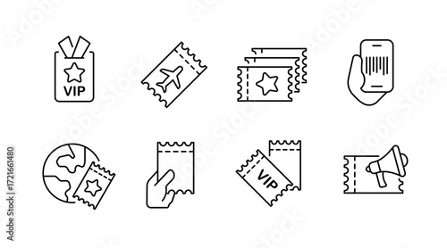 Ticket and booking outline icons set - linear, line, event symbols