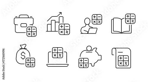 Finance and accounting line icons set – calculations, money, business symbols
