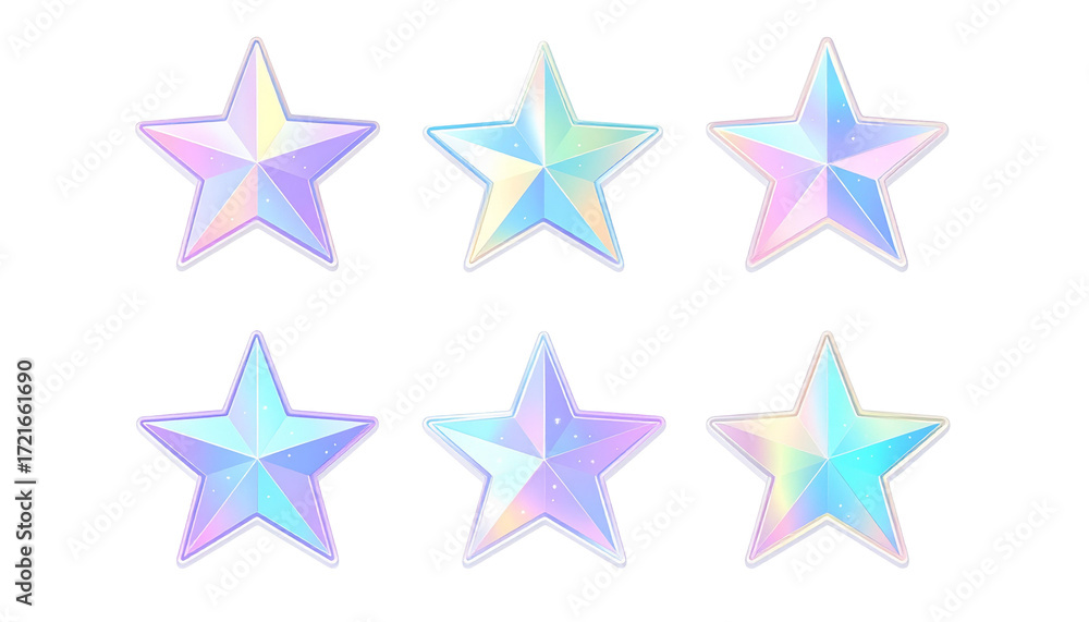 Obraz premium Sixteen iridescent stars in pastel shades