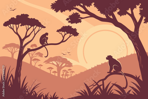 Serene African sunset with monkeys silhouetted in trees, creating a tranquil and majestic wildlife scene perfect for travel or nature themes