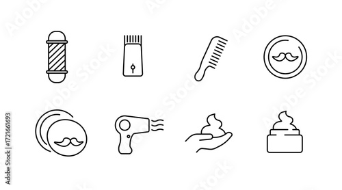 Barber and grooming outline icons set – linear, line, hair care and styling symbols