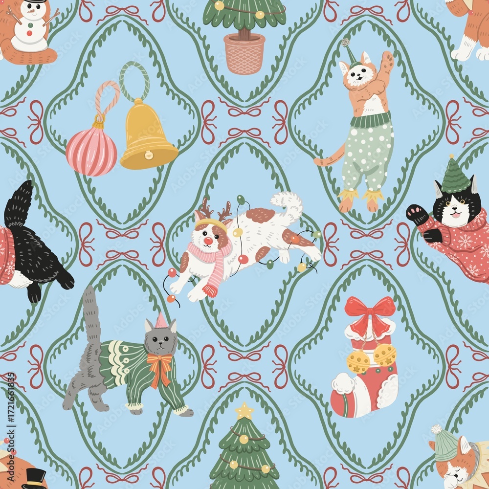 Obraz premium Christmas Cats Seamless Pattern with Vintage Frames, Holiday Ornaments, Trees, Bells, and Festive Elements Digital Paper