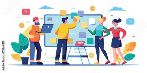 Creative brainstorming meeting with sticky notes on board vector illustration