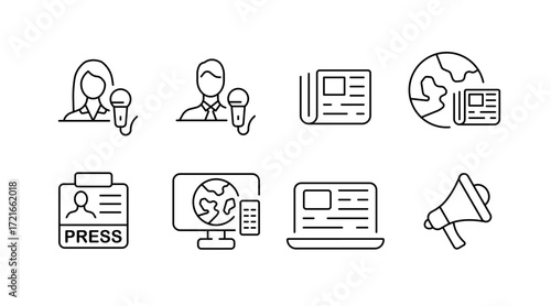 Journalist and media line icons set – outline, press, communication symbols