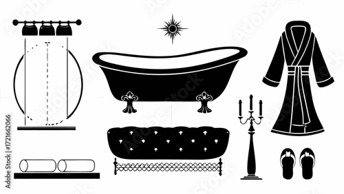 Illustration of a bathroom with a bathtub, a bench, a robe, a candelabra, and other decorative elements | editable eps vectors silhouette