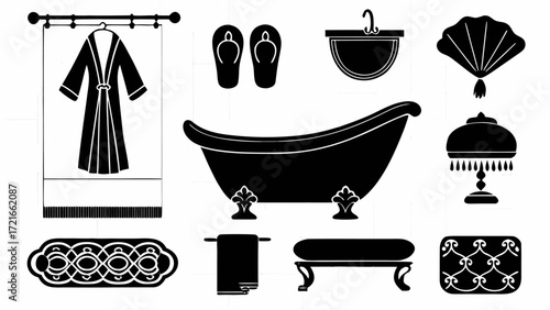 Illustration of bathroom elements including a robe, bathtub, slippers, and other accessories | editable eps vectors silhouette