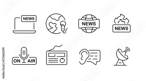 News and media line icons set – outline, linear, broadcasting and journalism symbols
