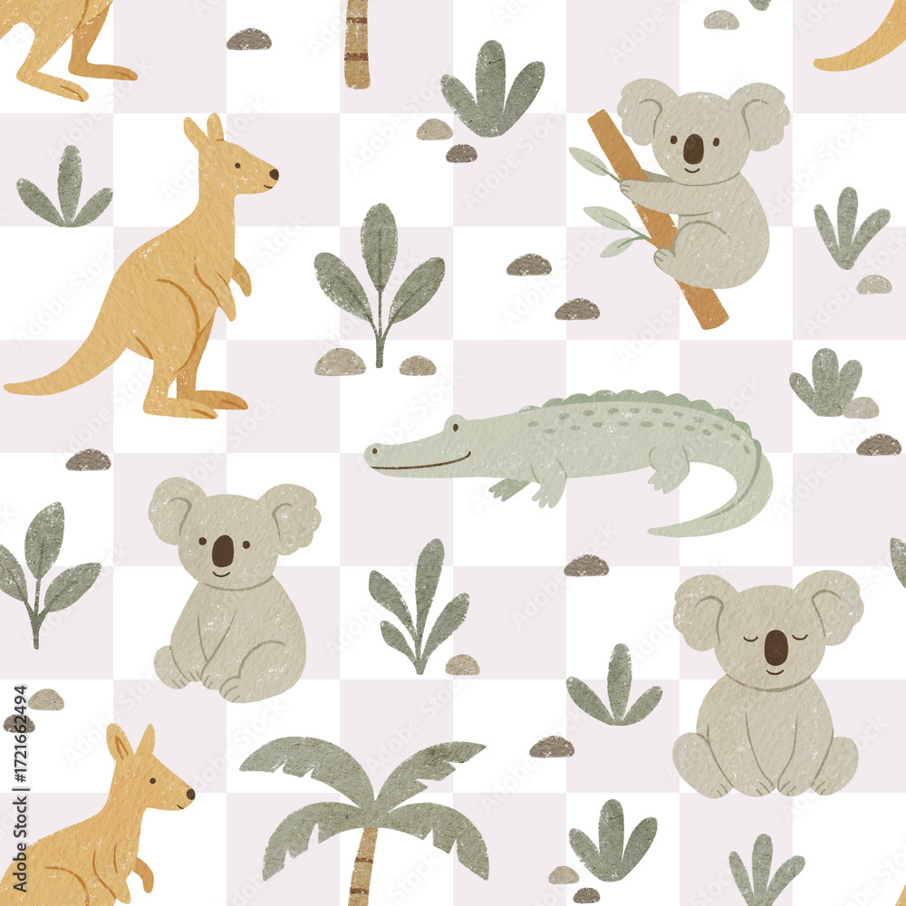 Naklejka premium Australian animals seamless pattern design. Repeat pattern. Watercolour illustration 