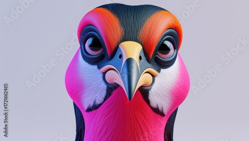 Colorful bird head portrait with vibrant feathers and expressive eyes on neutral background