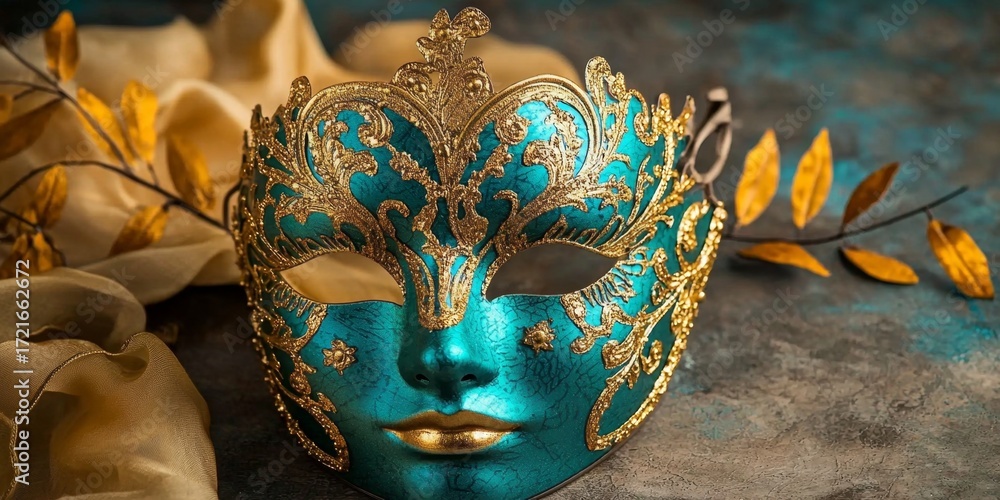 Obraz premium Graceful venetian mask featuring a striking gold and blue design.