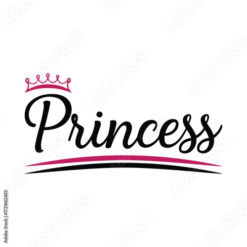 Black script text Princess with pink crown and decorative lines lettering