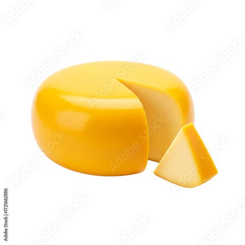 Fresh Gouda Cheese Wheel and a Slice on a Transparent Background Dairy Product Still Life Delicious Healthy Food Lunch