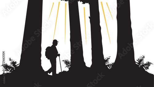 Silhouette of a hiker with backpack and walking stick walking through a forest with sun rays shining through trees | editable eps vectors