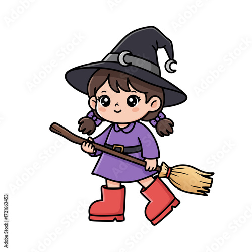 Adorable cartoon witch girl with a pointy hat and broomstick, perfect for Halloween festivities and magical illustrations