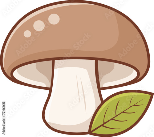 Cartoon illustration of a brown mushroom with a white stem and a green leaf at its base.