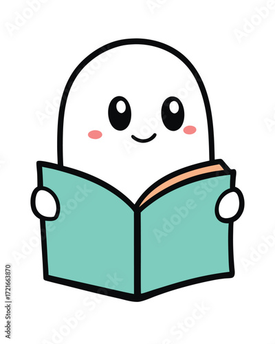 Cute cartoon ghost character reading a book