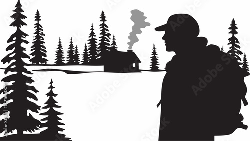 Silhouette of a hiker near a cabin with smoke rising among pine trees in a winter landscape scene | editable eps vectors