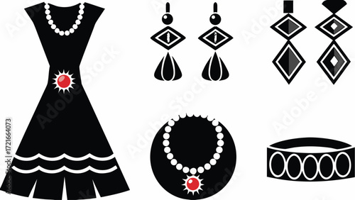 Elegant black dress with pearl necklace and red brooch alongside jewelry set illustration design | editable eps vectors silhouette