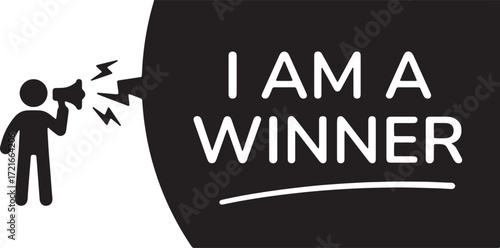 silhouette, figure, person, man, shouting, megaphone, bullhorn, announcement, declaration, message, text, i am a winner, winner, success, victory, celebration, achievement, positive, motivation, inspi