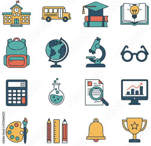 Flat Vector School and Education Icons Set , Learning and Study Equipment Illustration