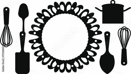 Silhouette of kitchen utensils including whisks spatulas pot and decorative floral frame element | editable eps vectors