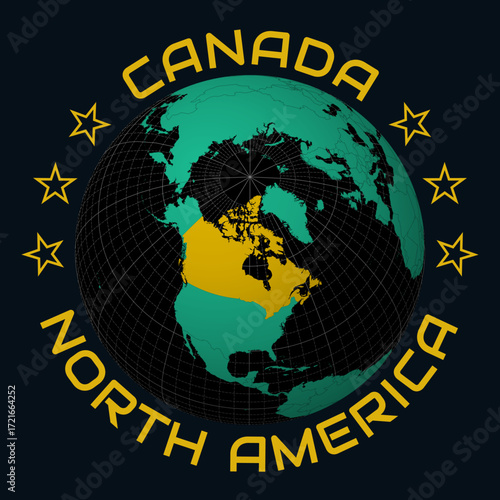 Canada on Globe. Round country and continent name text. Country view on world map in Black Emerald color palette. Canada shape on map. Artistic vector illustration.