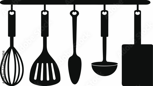 A kitchen utensil set hanging from a rack featuring a whisk, spatula, spoon, ladle, and flipper tool | editable eps vectors silhouette