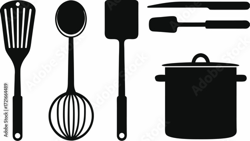 Illustration showcasing an array of kitchen utensils including spatulas and a cooking pot in black silhouette | editable eps vectors