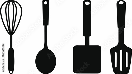 Illustration of kitchen utensils including a whisk ladle spatula and slotted turner on a white background | editable eps vectors silhouette