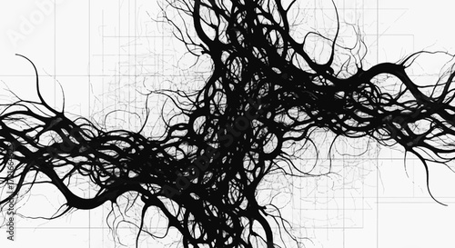 Abstract black and white organic network pattern resembling tangled roots or neural connections. Digital artistic illustration of complex growth.