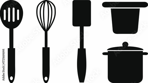 Illustration of kitchen utensils including a slotted spoon whisk spatula and two pots in black color | editable eps vectors silhouette