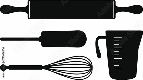 Illustration showcasing a rolling pin, spatula, whisk, and measuring cup in black silhouette style | editable eps vectors