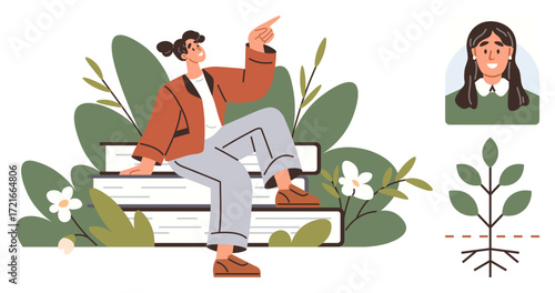 Woman seated on stacked books gesturing upward, greenery in background, avatar photo, sapling with roots. Ideal for education, growth, self-improvement, personal development, mentorship nature