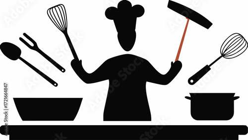 Silhouette of a chef with cooking utensils including whisks, spoon, fork, and pot on a kitchen counter | editable eps vectors