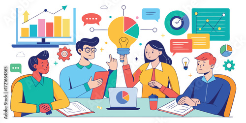 Business brainstorming with colorful charts and diagrams illustration