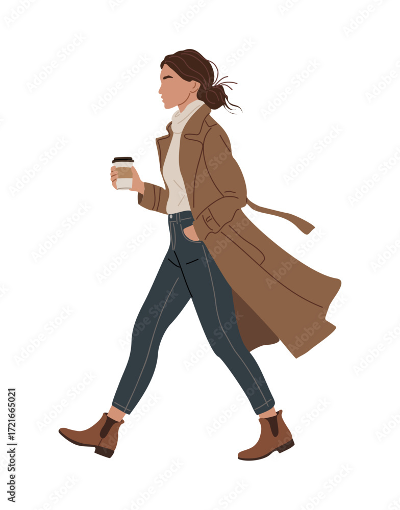 Fototapeta premium Vector flat illustration of young woman in casual autumn outfit with coat, jeans, and boots, walking full length side view holding takeaway coffee cup, isolated on transparent background