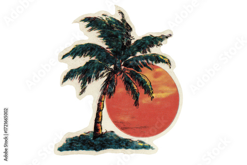 Tropical island scene with palm tree and vibrant sunset.