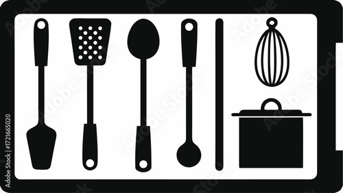 Illustration of kitchen utensils including spatula spoon whisk and pot in black and white minimalist design | editable eps vectors silhouette