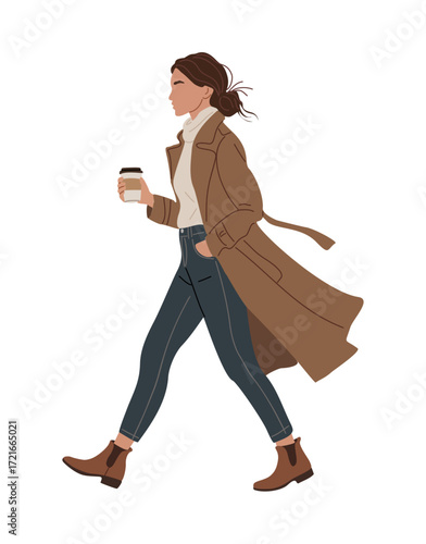 Vector flat illustration of young woman in casual autumn outfit with coat, jeans, and boots, walking full length side view holding takeaway coffee cup, isolated on transparent background