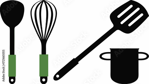 Illustration of kitchen utensils including a spoon whisk spatula and a cooking pot drawing | editable eps vectors silhouette