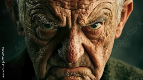 Old man with a scowling expression, showing signs of age and wear