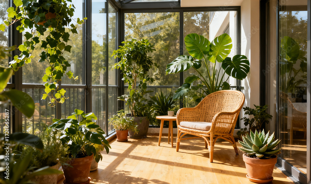 Fototapeta premium Sunlit indoor garden with potted plants and wicker chair near large windows