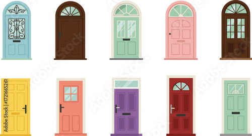 Colorful door collection, architectural entrance design, residential front doors, home exterior variety, cartoon style vector, decorative panel illustration set