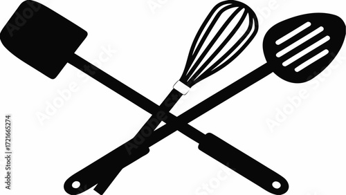 Illustration of crossed kitchen utensils including a spatula whisk and slotted spoon in black and white style | editable eps vectors silhouette