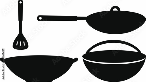 Illustration of kitchenware including a spatula, a wok with a handle, a wok, and a wok with handles | editable eps vectors silhouette